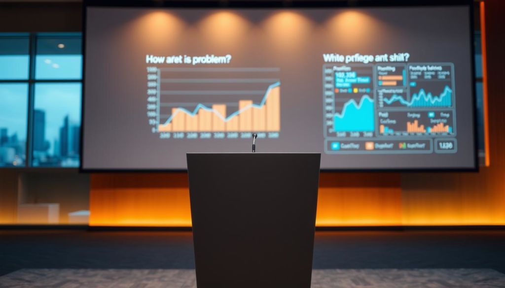 A professional presentation of a problem, showcased with a clean and modern aesthetic. In the foreground, a sleek and minimalist podium with a minimalist design, bathed in warm lighting. Behind it, a large, simple display screen, projecting a clean and visually striking data visualization, conveying the key insights and challenges of the problem at hand. The background features a subtly blurred cityscape, hinting at the broader context and implications of the problem. The overall mood is one of thoughtful professionalism, inviting the viewer to focus on the core issue being presented.