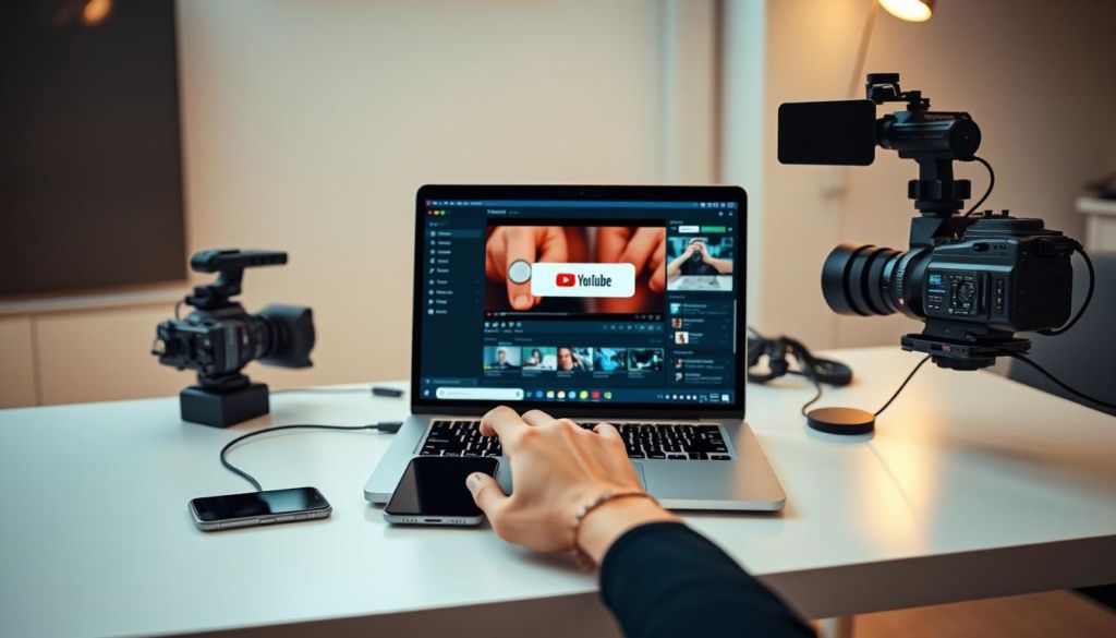 A professional video creator's setup with a laptop, smartphone, and high-quality video camera on a sleek, minimalist desk. The foreground features a hand gently pressing the "Upload" button on the laptop screen, initiating the YouTube upload process. The middle ground showcases various video editing tools and software windows open, hinting at the careful preparation behind the upload. The background subtly suggests a modern, well-lit office space with clean lines and a touch of warmth, creating a sense of productivity and focus. The overall mood is one of confidence, efficiency, and a streamlined video publishing workflow.