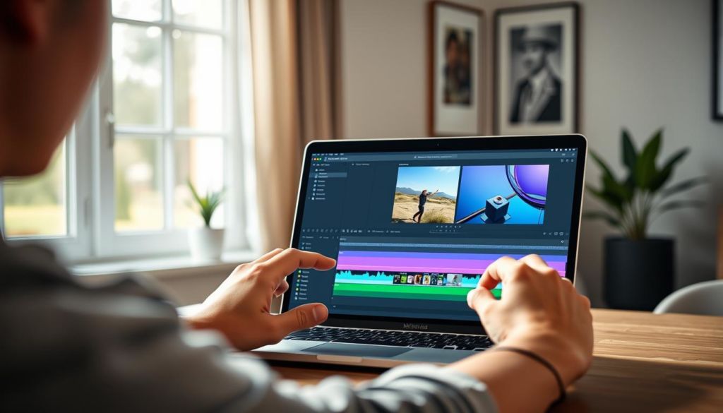 A professional video editing app interface displayed on a modern laptop, set against a minimalist, well-lit home office backdrop. The app showcases intuitive editing tools, a clean timeline view, and a vibrant color palette. The user's hands are visible, interacting with the app's controls, suggesting an engaging, hands-on experience. Soft natural lighting filters through a window, creating a pleasant, productive atmosphere. The overall composition emphasizes the app's user-friendly design and the ease of the video editing process.