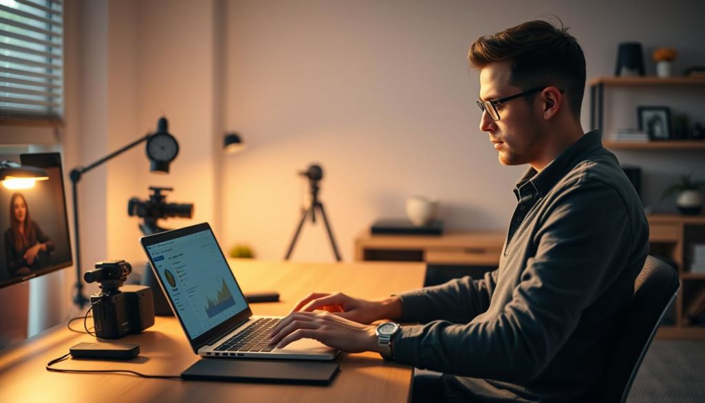 A professional vlogger sits at their desk, carefully reviewing video analytics and platform optimization strategies on a laptop. The scene is bathed in warm, soft lighting, creating a focused, contemplative atmosphere. In the background, a sleek, modern home office setup with minimalist decor provides a clean, productive environment. The vlogger wears casual, comfortable attire, reflecting their creative, entrepreneurial mindset. Subtle camera equipment and filming gear are visible, hinting at the vlogger's dedication to their craft. The overall image conveys the importance of strategic platform optimization for a successful vlogging career.