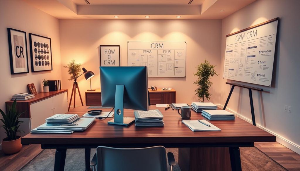 A professional, well-designed office space with a large desk, a comfortable chair, and a modern computer setup. The room is bathed in warm, directional lighting, creating a productive and focused atmosphere. On the desk, various documents, files, and a coffee mug are neatly arranged, hinting at the ongoing CRM-related tasks. The walls are adorned with minimalist art pieces and a large whiteboard, showcasing key CRM-related information. The overall scene conveys a sense of organization, efficiency, and the thoughtful application of CRM principles.