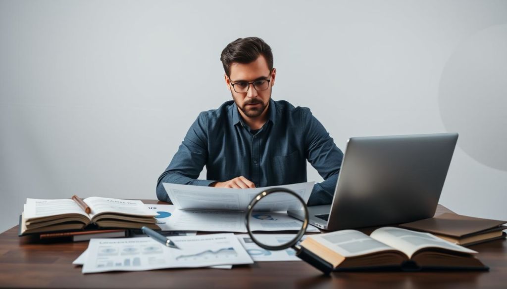 A professional, well-lit studio setting with a clean, minimalist backdrop. In the foreground, a businessman or entrepreneur sits at a desk, deep in thought, a laptop open in front of him. His expression is one of focus and concentration as he carefully examines market data, charts, and customer insights spread out on his desk. The middle ground features an array of research materials, reference books, and a strategically placed magnifying glass, hinting at the meticulous analysis required to identify a viable market niche. The background is softly lit, drawing the viewer's attention to the central figure, who represents the process of carefully identifying and understanding a unique market opportunity.