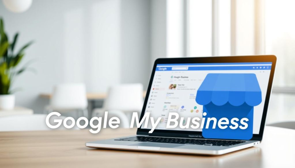 A professional, well-organized Google My Business logo and interface displayed on a modern, sleek laptop. The logo is prominently featured in the foreground, with a crisp, high-resolution display of the Google My Business dashboard in the middle ground. The background shows a minimalist, light-filled office setting with subtle greenery and clean, modern furniture. The overall scene conveys a sense of professionalism, efficiency, and the power of Google's tools to help businesses grow and succeed.