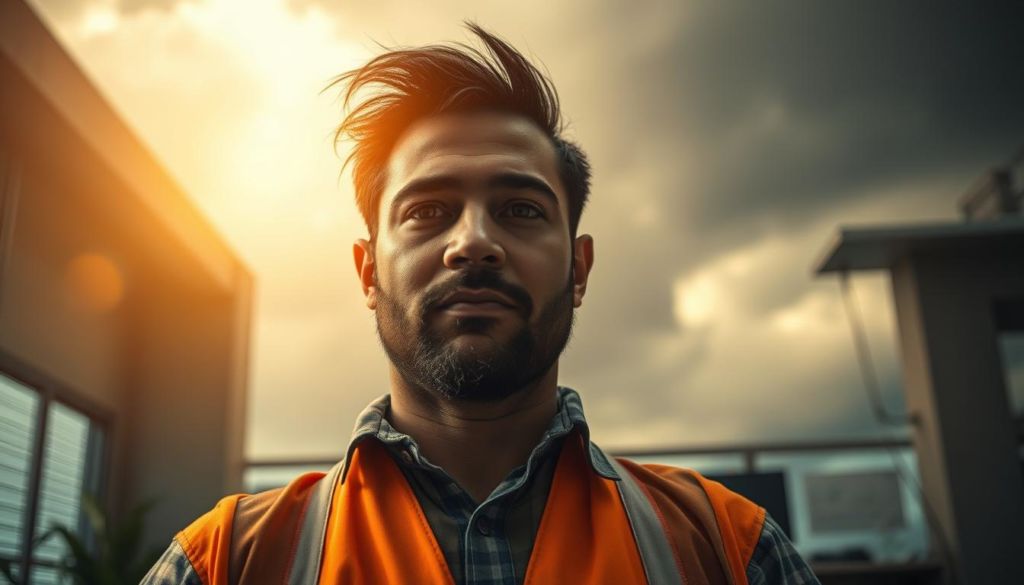 A resilient worker stands tall amidst a storm of challenges, their determination radiating like a beacon in the gloomy office setting. Warm, natural lighting illuminates their face, revealing an unwavering expression. In the background, a cloudy sky, symbolic of the obstacles they have overcome, parts to reveal a glimmer of hope and progress. The scene is captured through a cinematic, medium-wide angle lens, conveying a sense of perseverance and growth. The overall mood is one of empowerment, showcasing how resilience can transform adversity into opportunity.