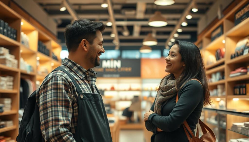A scene of a customer experiencing a memorable interaction with a business. The foreground depicts a smiling customer engaged with a friendly store clerk, surrounded by inviting shelves and displays. The middle ground shows a warm, well-lit retail space with an open, welcoming atmosphere. The background suggests a tastefully designed interior, with soft lighting, textures, and subtle branding elements that contribute to a pleasant, immersive ambiance. The overall scene conveys a sense of positive, meaningful connection between the customer and the brand, capturing the essence of creating memorable customer experiences.