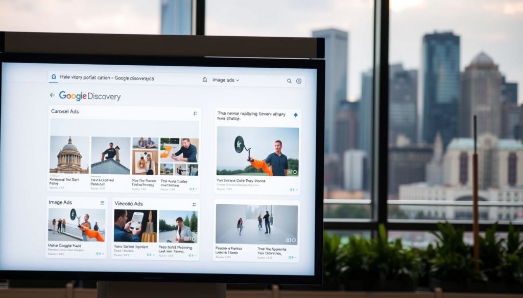 A scenic view of a digital advertising display showing various Google Discovery ad formats, such as carousel ads, image ads, and video ads. The display is positioned prominently in the foreground, with a clean, minimalist design and sleek, modern aesthetics. The background features a blurred city skyline, hinting at the urban setting and the integration of these ads into the modern digital landscape. The lighting is soft and diffused, creating a pleasant, professional atmosphere. The overall composition and attention to detail convey the strategic and impactful nature of Google Discovery advertising.