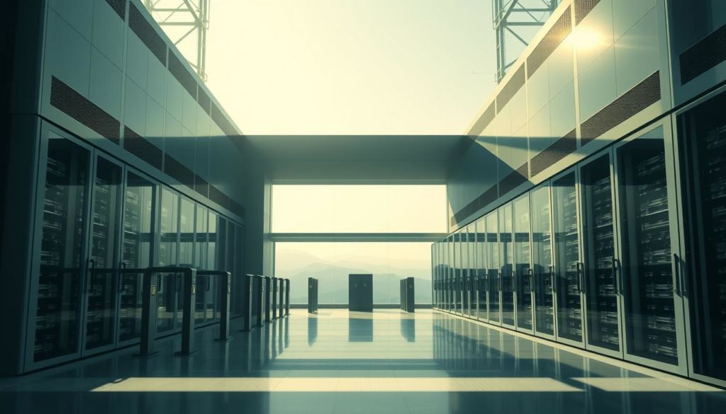 A secure data storage facility with an imposing, modern architecture. The building is bathed in soft, neutral lighting that casts long shadows, conveying a sense of security and reliability. In the foreground, a glass-enclosed server room stands as the centerpiece, with rows of gleaming racks housing state-of-the-art data servers. The middle ground features sleek security checkpoints and access panels, hinting at the robust safeguards in place. The background depicts a serene, minimalist landscape, emphasizing the facility's isolation and focus on data protection. An air of professionalism and technological sophistication permeates the scene, reflecting the importance of data security in building credibility for a professional website.
