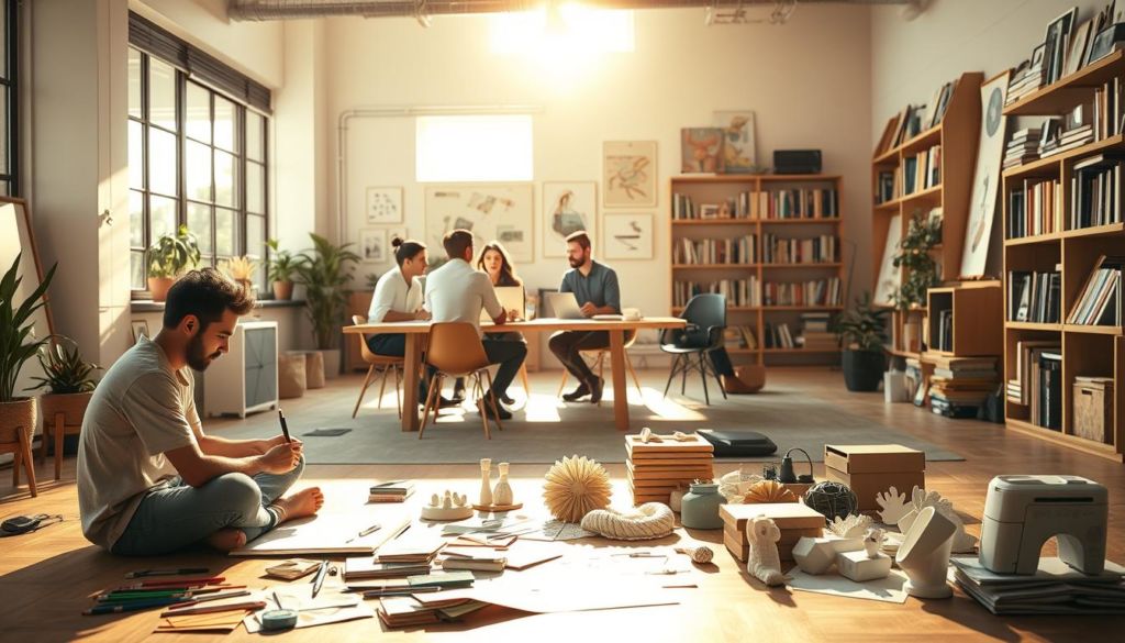 A serene and contemplative design studio, bathed in warm natural light streaming through large windows. In the foreground, a designer sits cross-legged on the floor, intently sketching ideas in a notebook. Surrounding them, various design tools and materials are neatly arranged - pencils, markers, swatches of fabric, and 3D-printed prototypes. In the middle ground, a team of designers collaborate at a central table, engaged in animated discussion, their expressions of deep thought and empathy. In the background, shelves laden with design books and inspiring artwork create a cozy, intellectual atmosphere. The overall mood is one of focus, creativity, and a genuine concern for the user experience.