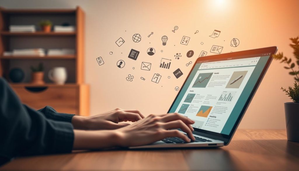 A serene and contemplative scene depicting the creation of meaningful digital content. In the foreground, a person's hands are carefully crafting a website or document on a sleek, minimalist laptop. The middle ground features an array of stylized icons, infographics, and creative elements floating and interacting, symbolizing the ideation and curation process. The background is a softly-lit, warm-toned workspace with clean lines and natural accents, evoking a sense of focus and productivity. The lighting is gentle, with soft shadows and highlights that accentuate the tactile nature of the creative process. The overall mood is one of thoughtfulness, refinement, and the purposeful construction of impactful, relevant digital media.