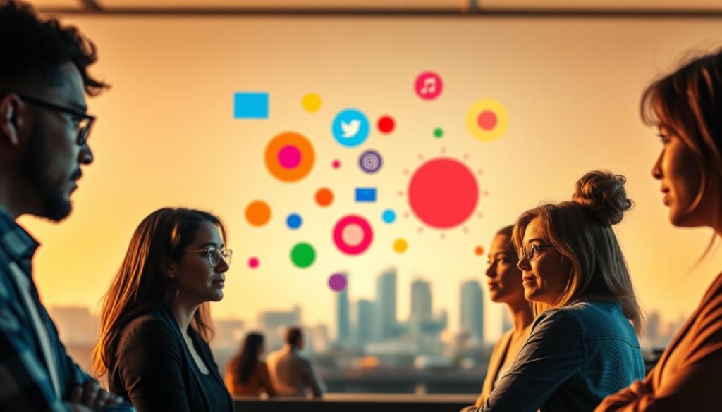A serene and contemplative scene depicting the latest trends in emotional marketing. In the foreground, a group of diverse, thoughtful individuals engage in a deep discussion, their expressions conveying the power of emotion-driven campaigns. In the middle ground, vibrant, colorful shapes and symbols represent the evolving digital landscape, hinting at the importance of creativity and personalization. The background features a softly blurred cityscape, suggesting the urban environments where these emotional marketing strategies are being implemented. Warm, diffused lighting sets an introspective mood, emphasizing the human-centric focus of this field. A sense of balance and harmony pervades the scene, capturing the essence of the "Tendências Atuais em Marketing Emocional."