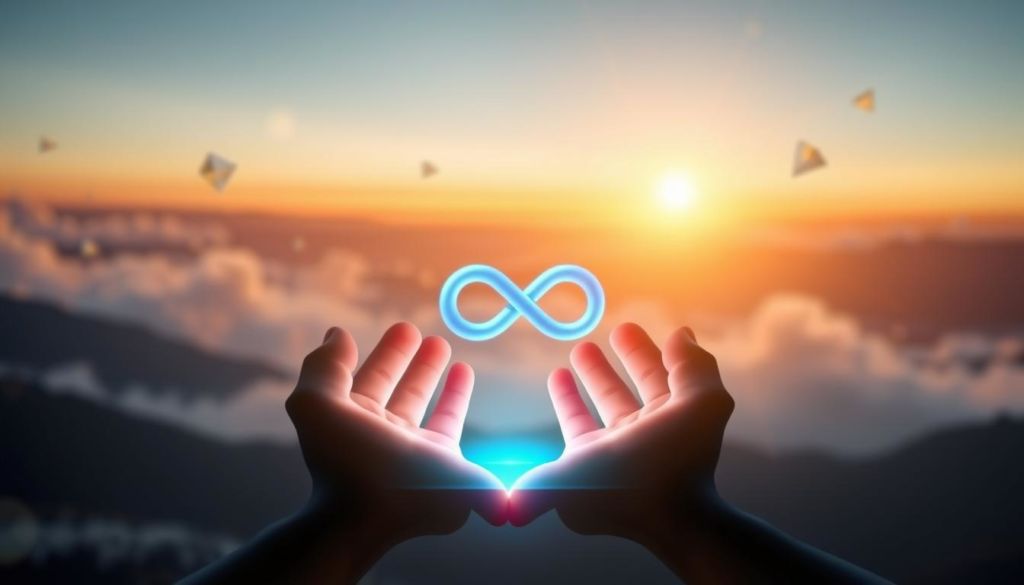 A serene and ethereal scene of ethical marketing in the digital age. In the foreground, a glowing holographic display depicts a pair of hands cupped together, symbolizing the nurturing and responsible use of technology. The middle ground features a stylized 3D render of the infinity symbol, representing the boundless potential of Marketing 3.0. In the distant background, a dreamlike landscape of floating geometric shapes and warm, diffused lighting creates a sense of harmony and equilibrium. The overall composition conveys a message of balance, transparency, and the embracing of human-centric values in the modern marketing landscape.