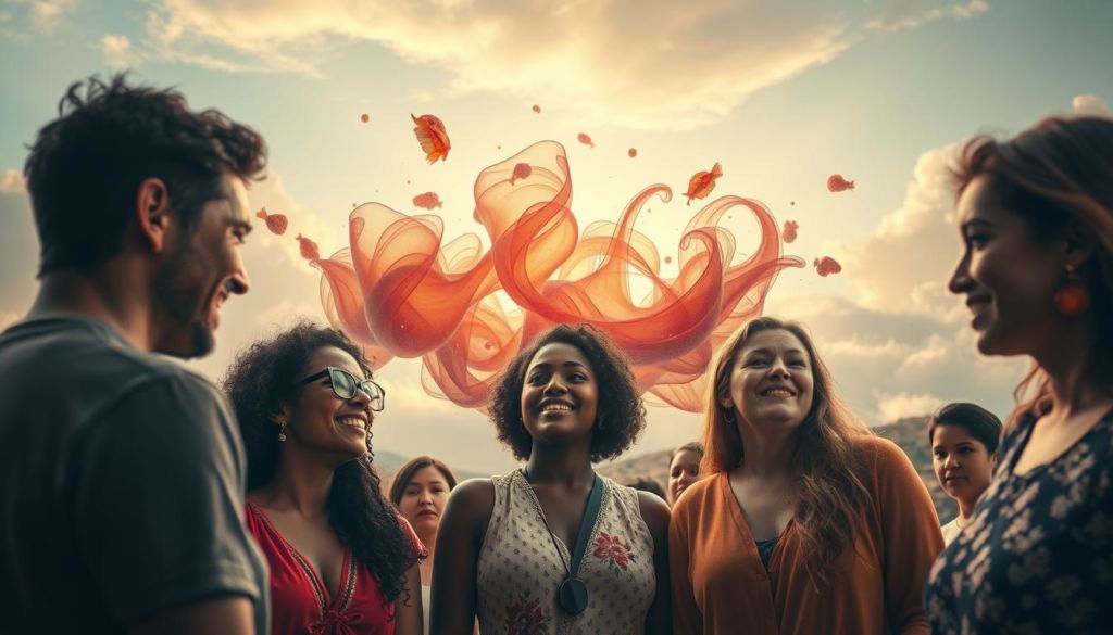 A serene and expressive scene showcasing the interplay of emotions and sharing. In the foreground, a group of diverse individuals engage in deep conversation, their faces animated with a range of feelings - joy, sorrow, contemplation. The middle ground features a vibrant, tactile representation of emotions, with abstract forms and textures swirling and merging, symbolizing the contagious nature of sentiment. The background depicts a dreamlike, ethereal landscape, hinting at the profound, transcendent qualities of human connection and emotional resonance. Soft, warm lighting bathes the scene, creating a sense of intimacy and introspection. Captured with a wide-angle lens to emphasize the holistic, interconnected nature of the subject matter.
