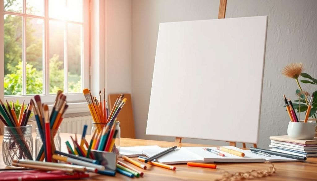 A serene and inspirational moodboard scene. In the foreground, an assortment of colorful art supplies, brushes, pencils, and sketchpads, neatly arranged on a wooden table, hinting at the creative process. In the middle ground, a large blank canvas stands upright, its white surface brimming with possibilities. In the background, a sun-drenched window frames a lush, verdant landscape, providing a natural source of light and a tranquil, contemplative atmosphere. The overall composition conveys a sense of focus, creativity, and contemplation, perfectly capturing the essence of "How to Choose a Theme for Your Moodboard".