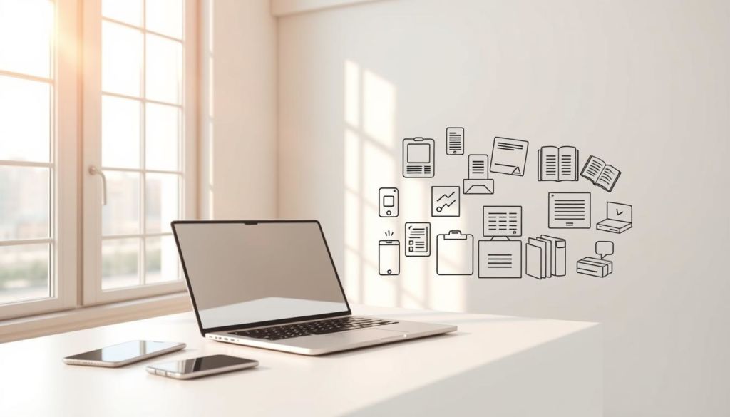 A serene and minimalist digital workspace, with a laptop and smartphone resting on a clean, white desk. Sunlight filters in through large windows, casting a warm, golden glow across the scene. In the background, a simple line-art illustration of various digital products, such as eBooks, online courses, and digital templates, subtly conveys the idea of monetization. The overall atmosphere is one of productivity, simplicity, and the potential for digital entrepreneurship.