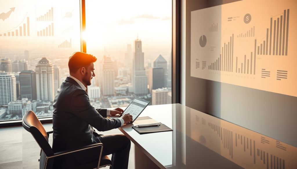 A serene and modern office space showcasing the concept of business financing. In the foreground, a professional-looking businessman sits at a sleek, minimalist desk, reviewing financial documents on a laptop. The middle ground features a large window overlooking a bustling city skyline, bathed in warm, golden afternoon light. In the background, various charts, graphs, and financial icons are projected onto the walls, creating an atmosphere of growth, success, and strategic planning. The lighting is soft and directional, highlighting the subject's focus and the sense of financial security and stability. The overall scene conveys a sense of confidence, professionalism, and the potential for great business opportunities.