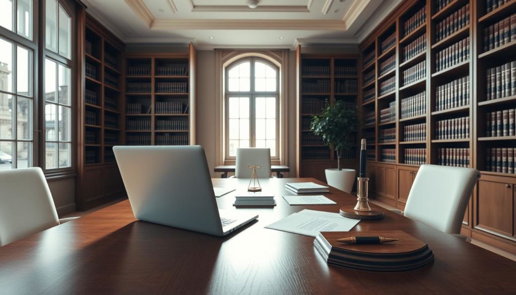 A serene and professional legal office interior, with large windows letting in soft natural lighting. On a sleek wooden desk, a laptop, papers, and a pen stand. Bookshelves line the walls, filled with leather-bound volumes. A potted plant adds a touch of life to the minimalist decor. The atmosphere conveys a sense of authority, order, and attention to detail - befitting the legal considerations surrounding domain migration. The scene is captured with a wide-angle lens, emphasizing the spaciousness and grandeur of the setting.