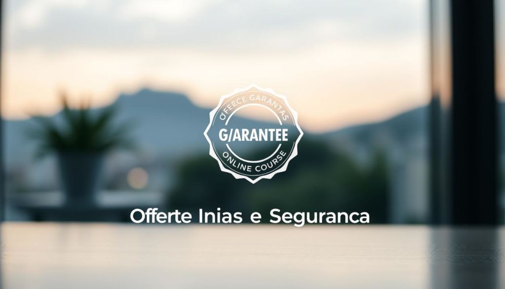 A serene and secure environment with a prominent, centralized guarantee icon or symbol. The foreground features a clean, minimalist display of the guarantee, perhaps in the form of a badge, seal, or emblem, conveying a sense of trust and reliability. The midground shows a professional, polished design aesthetic with subtle textures and a calming color palette, reflecting the online course's quality and credibility. The background depicts a blurred, out-of-focus landscape or environment, allowing the guarantee to take center stage and emphasize its importance. Soft, diffused lighting casts a warm, inviting glow, creating an atmosphere of assurance and confidence. The overall composition should visually communicate the idea of "Oferece Garantias e Segurança" in a visually striking and memorable way.