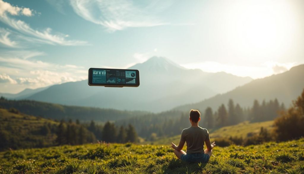 A serene and tranquil landscape, showcasing the benefits of natural language processing (NLP). In the foreground, a person sits cross-legged, deep in contemplation, surrounded by a lush, verdant meadow. Sunlight filters through wispy clouds, casting a warm, golden glow over the scene. In the middle ground, a sleek, futuristic-looking device hovers, its display depicting various visualizations and data sets, representing the power of NLP. In the background, a majestic, snow-capped mountain range stands tall, symbolizing the limitless potential of this technology. The overall atmosphere is one of harmony, enlightenment, and the seamless integration of technology and nature.