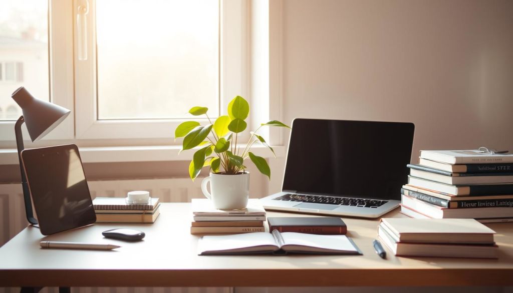 A serene and well-curated workspace with a minimalist desk, a laptop, a potted plant, and a stack of carefully selected books. The scene is bathed in soft, natural lighting from a large window, casting a warm glow on the setup. The overall atmosphere conveys a sense of focus, productivity, and attention to detail - reflecting the importance of relevant and high-quality content. The camera angle is slightly elevated, providing a balanced and visually pleasing composition.