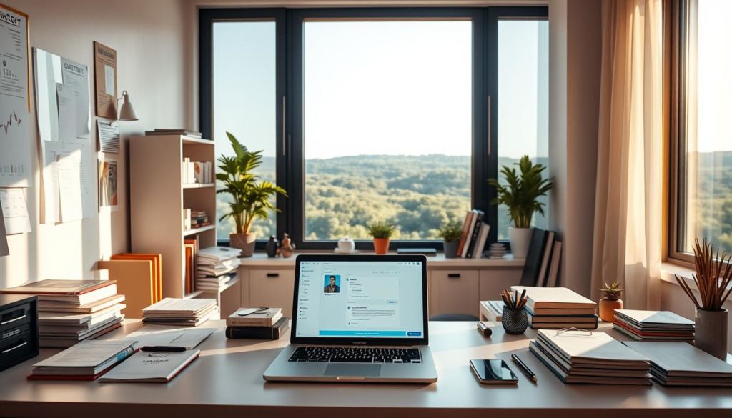 A serene and well-organized office space, bathed in warm, natural lighting. In the foreground, a laptop open on a minimalist desk, showcasing the ChatGPT interface in a clean, uncluttered display. Surrounding the desk, numerous reference materials and productivity tools are neatly arranged, hinting at a thoughtful, efficient workflow. In the background, a large window offers a tranquil view of a lush, verdant landscape, creating a sense of balance and inspiration. The overall atmosphere conveys a harmonious integration of technology and mindfulness, reflecting the best practices for utilizing the power of ChatGPT.