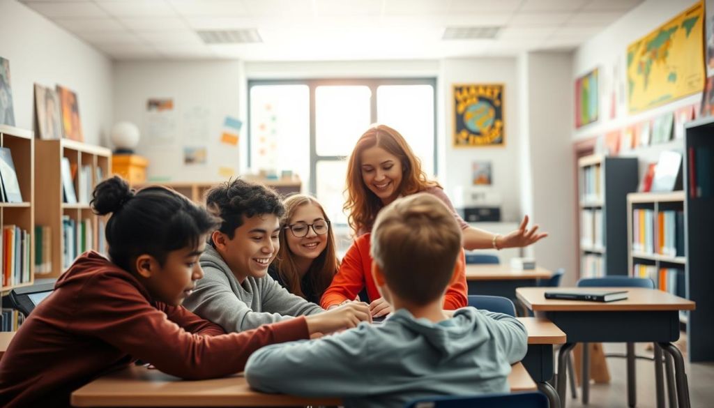 A serene, brightly lit classroom with students actively engaged in a dynamic learning environment. The foreground features a group of students huddled around a desk, intently focused on a tablet or laptop, their expressions reflecting deep concentration and a thirst for knowledge. The middle ground showcases a teacher gesturing animatedly, guiding the students with a warm, encouraging demeanor. The background is filled with bookshelves, educational posters, and a large window that fills the space with natural light, symbolizing the illumination of the mind. The overall atmosphere radiates a sense of productivity, collaboration, and a steadfast commitment to maximizing the learning experience.