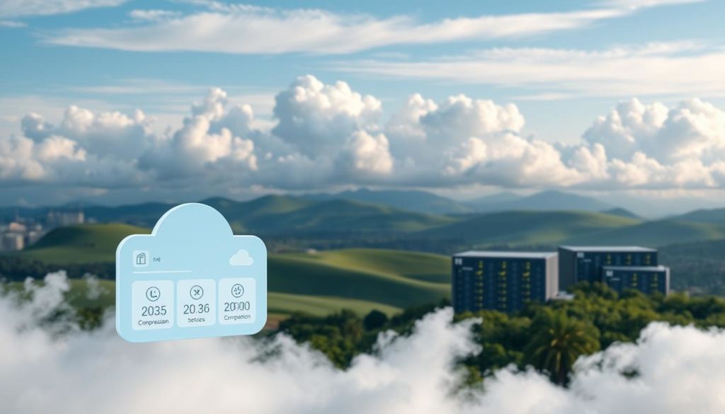 A serene cloud-filled sky, with a sleek, minimalist cloud storage platform floating in the foreground. The platform showcases intuitive file management controls, compression icons, and storage optimization metrics, all rendered in a clean, modern aesthetic. In the middle ground, futuristic data centers and server racks with glowing indicator lights, symbolizing the efficient backend infrastructure powering the cloud storage solution. The background features rolling hills and lush greenery, conveying a sense of balance and sustainability. The overall scene exudes a calming, professional atmosphere, inviting the viewer to explore the practical tips for optimizing cloud storage.