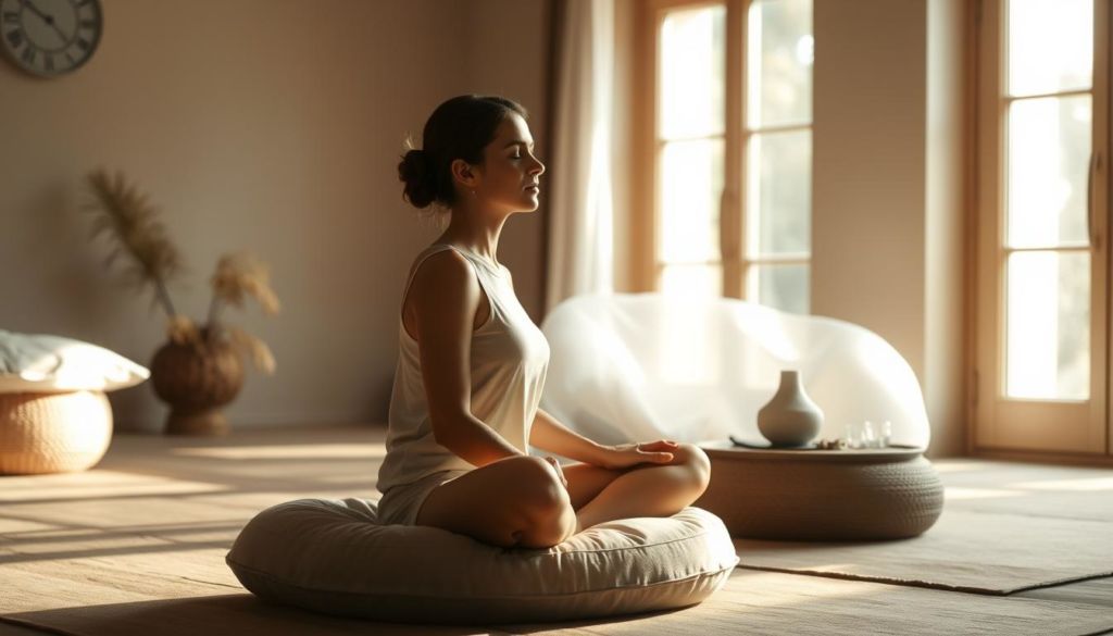 A serene, contemplative scene depicting daily mindfulness practices. In the foreground, a person sits cross-legged on a plush cushion, eyes closed, hands resting gently in their lap, as they engage in a moment of quiet meditation. Soft, natural lighting filters through large windows, casting a warm, diffused glow on the scene. In the middle ground, a simple, minimalist altar or meditation table holds a few symbolic objects - a candle, a small plant, a bowl of water. The background is a soothing, uncluttered space, perhaps a cozy, earthy-toned room or a sun-dappled garden, conveying a sense of tranquility and inner focus. The overall mood is one of serenity, balance, and the cultivation of a growth mindset through the daily practice of mindfulness.