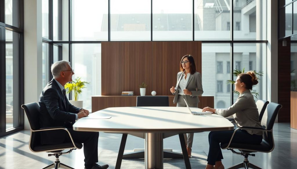 A serene corporate office setting, with a warm yet professional atmosphere. In the foreground, a businessman and a businesswoman engaged in a thoughtful discussion, their body language and facial expressions conveying an earnest exchange. The middle ground features a minimalist yet elegant conference table, symbolic of the ethical and transparent communication that defines this organization. The background showcases floor-to-ceiling windows, allowing natural light to flood the space and creating a sense of openness and transparency. The overall scene radiates a mood of trust, responsibility, and a steadfast commitment to principled business practices.