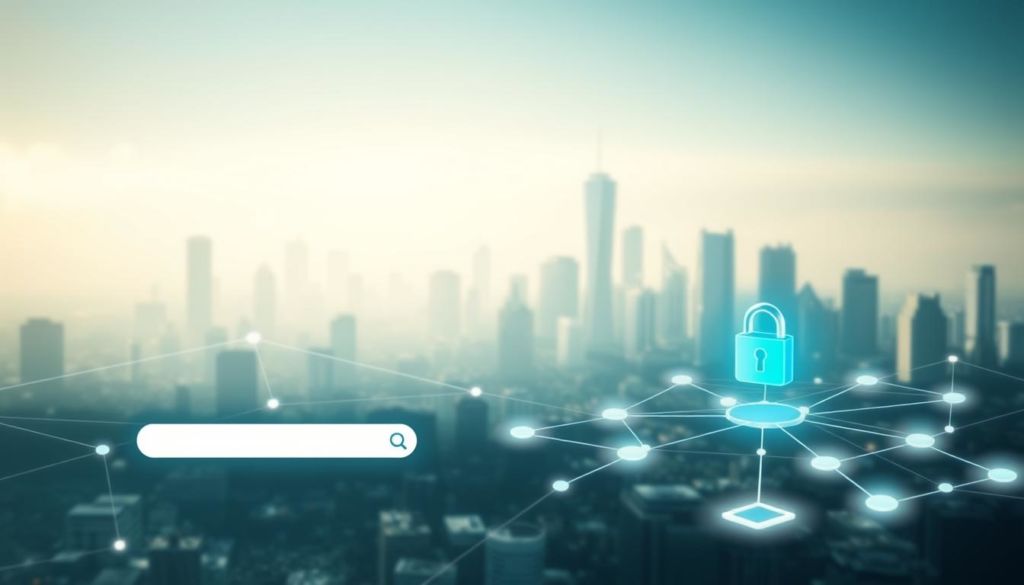 A serene digital landscape depicting the intersection of SEO and online security. In the foreground, a stylized search engine interface with an unfolding secure connection, symbolizing the importance of optimizing content for search while prioritizing cybersecurity. The midground features a network of interconnected devices, representing the web of digital platforms and tools required for effective online marketing. In the background, a cityscape of modern skyscrapers shrouded in a soft, hazy glow, conveying the broader context of the digital world. The lighting is soft and diffused, creating a sense of tranquility and balance. The overall composition aims to visually express the harmony between search engine optimization and online safety, essential elements for a successful digital marketing strategy.