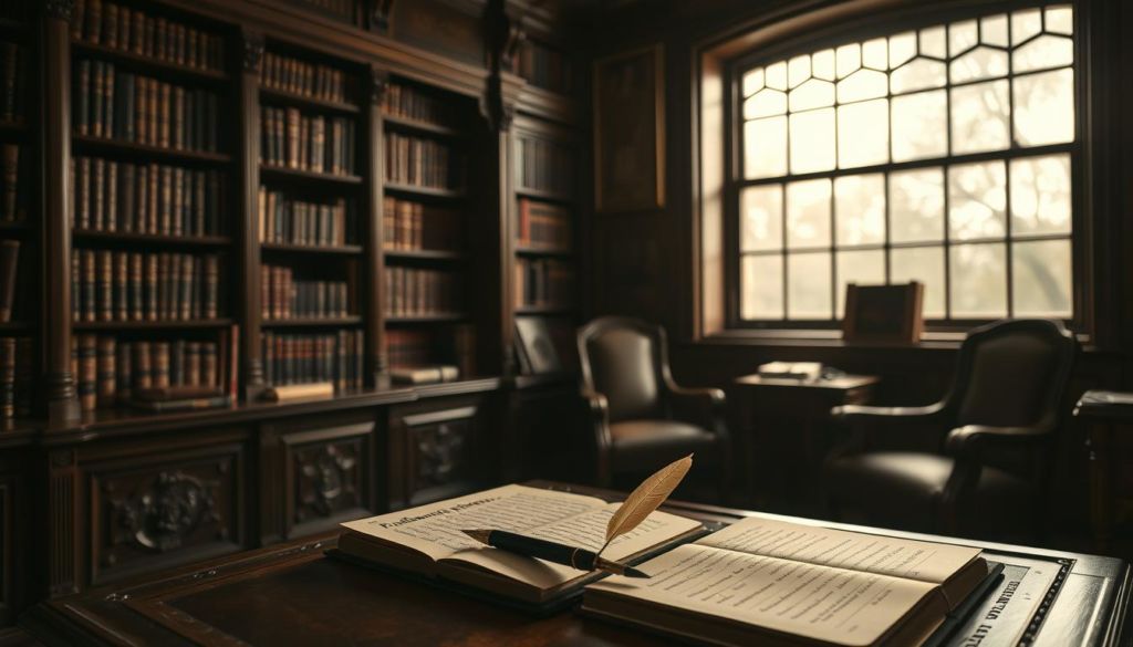 A serene, dimly lit study with an ornate wooden desk and shelves filled with leather-bound books. On the desk, a quill pen and an open journal reveal the "fundamental principles" of the Heath brothers' teachings, captured in elegant calligraphy. Soft, warm lighting filters through the large bay window, casting a contemplative glow on the scene. The overall atmosphere evokes a sense of intellectual rigor, thoughtful introspection, and the power of timeless wisdom.