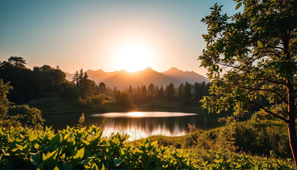 A serene, ethereal landscape bathed in warm, golden light. In the foreground, an array of lush, vibrant greenery represents the abundant growth and vitality of a positive mindset. The middle ground features a tranquil, reflective pond, its surface mirroring the boundless potential and clarity of a strong, uplifting perspective. In the distance, majestic mountains rise, symbolizing the towering achievements and unwavering resilience that a positive mindset can foster. The scene exudes a sense of harmony, balance, and the boundless possibilities that come with embracing an optimistic and empowered state of being.
