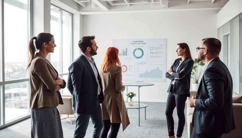 A serene, expansive office interior with natural light streaming through large windows. In the foreground, a team of business professionals engaged in a thoughtful discussion, their body language and facial expressions conveying a sense of analysis and evaluation. In the middle ground, a whiteboard displays various metrics and visualizations, representing the data and insights driving the organizational culture assessment. The background features minimalist, modern furniture and décor, creating a professional yet inviting atmosphere. The lighting is soft and diffused, highlighting the collaborative nature of the scene. Subtle hints of the company's branding and identity are woven throughout the environment, connecting the image to the larger context of the organization.