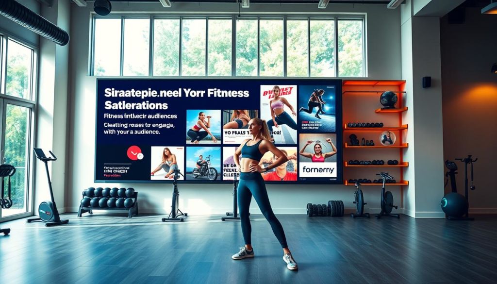A serene fitness studio with natural light cascading through large windows, showcasing a vibrant digital display board featuring strategies for fitness influencers to engage their audience. In the foreground, a model in athletic wear poses confidently, demonstrating various content ideas - behind her, shelves of exercise equipment and motivational imagery create a dynamic, aspirational atmosphere. The shot is captured with a wide-angle lens, emphasizing the spaciousness and inspiration of the setting. Soft, warm lighting illuminates the scene, conveying a sense of wellness and productivity.