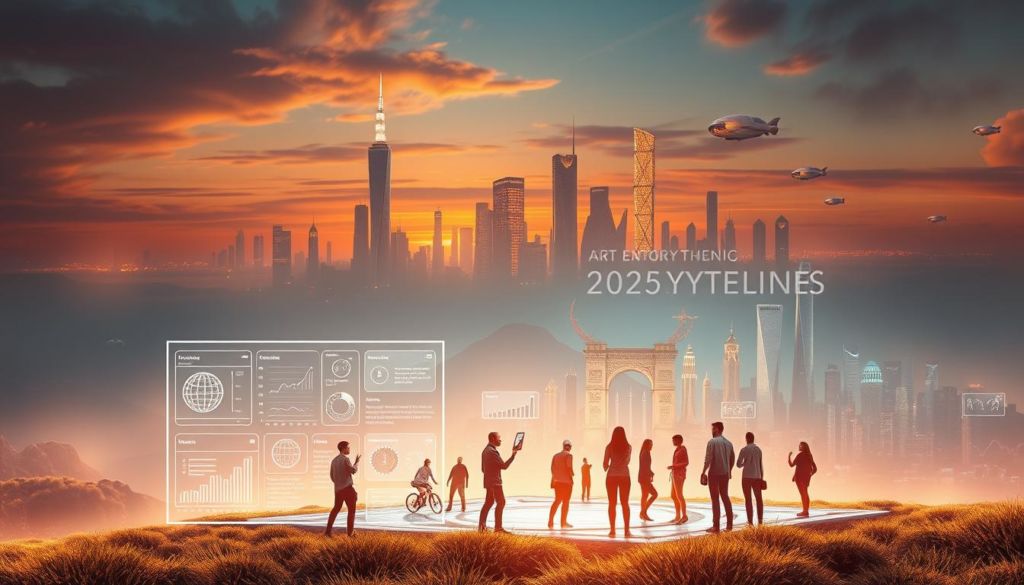 A serene, futuristic landscape depicting the emerging storytelling trends for 2025. In the foreground, a captivating holographic display showcases innovative narrative techniques, with dynamic data visualizations and interactive plot twists. The middle ground features a diverse group of storytellers, each wielding advanced digital tools to craft immersive tales. In the background, a gleaming cityscape of towering skyscrapers and floating vehicles hints at the technological advancements shaping the future of storytelling. Warm, diffused lighting casts a dreamlike glow, while a sense of wonder and anticipation permeates the scene.