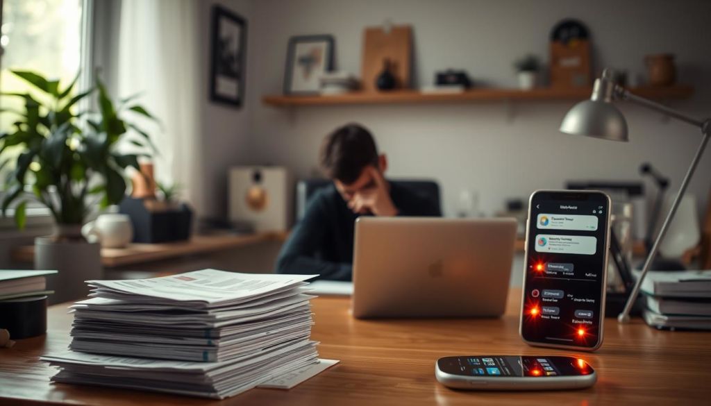 A serene home office with a desk, laptop, and various office supplies, illuminated by soft, natural lighting from a nearby window. In the foreground, a person sits at the desk, deep in thought, avoiding a stack of paper invoices and a phone with blinking notification lights, symbolizing the avoidance of purchased contact lists and email spam traps. The background features a plant, providing a sense of calm and mindfulness, contrasting with the potential chaos of unsolicited marketing. The overall mood is one of focus, restraint, and the conscious choice to build an email list ethically and organically.