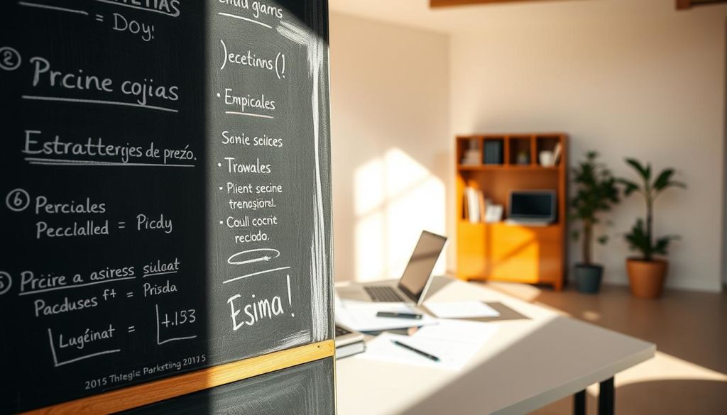 A serene, minimalist composition depicting the concept of "estratégias de preço" for service marketing. In the foreground, a chalkboard displays various pricing strategies and formulas, evoked with a chalky, textured aesthetic. In the middle ground, a desk with a laptop, calculator, and various business documents suggests the analytical process behind pricing decisions. The background features a warm, sun-dappled office setting, with clean lines and muted colors evoking a professional, yet thoughtful atmosphere. Soft, directional lighting casts subtle shadows, highlighting the key elements. The overall scene conveys a sense of careful consideration and strategic planning around pricing for service-based businesses.
