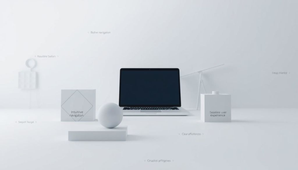 A serene, minimalist composition depicting the fundamental principles of usability. In the foreground, simple geometric shapes representing key usability concepts, such as intuitive navigation, clear affordances, and seamless user experience. In the middle ground, a 3D-rendered laptop or mobile device, symbolizing the digital interface where these principles are applied. The background is a soft, ethereal gradient, conveying a sense of tranquility and focus. The lighting is soft and diffused, creating a calming atmosphere. The camera angle is slightly elevated, giving the viewer a bird's-eye perspective on the scene, emphasizing the elegance and clarity of the design principles.
