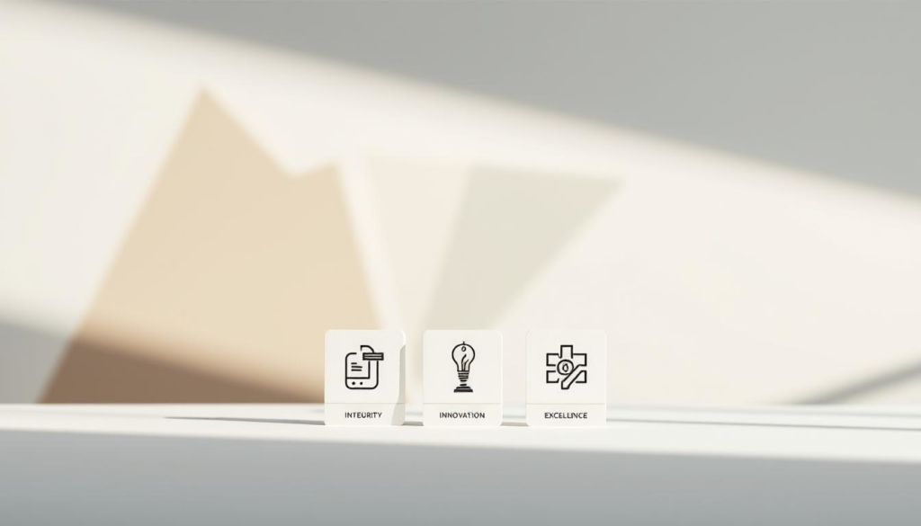 A serene, minimalist composition highlighting the core values of a brand. In the foreground, carefully crafted icons or symbols representing the brand's principles - integrity, innovation, and excellence. Placed on a clean, white background, these icons are rendered in a sophisticated, monochromatic palette, exuding a sense of timelessness and refinement. The middle ground features a soft, blurred backdrop of abstract geometric shapes in muted tones, subtly alluding to the brand's ethos. The lighting is soft and diffused, creating a calming, introspective atmosphere that invites the viewer to reflect on the brand's essence. The overall aesthetic is elegant, balanced, and memorable, capturing the essence of "valores da marca" in a visually compelling way.