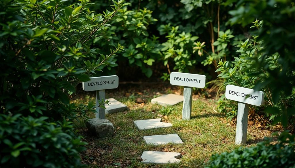 A serene, minimalist garden scene with personal development goals represented by simple stone markers or signposts arranged in a thoughtful, harmonious layout. Lush, verdant foliage frames the scene, with soft, diffused natural lighting creating a calming, reflective atmosphere. The markers are smooth, unadorned, and positioned to draw the eye through the composition, conveying a sense of purposeful, steady progress. The overall tone is one of quiet contemplation and inner growth, inviting the viewer to consider their own journey of self-improvement.