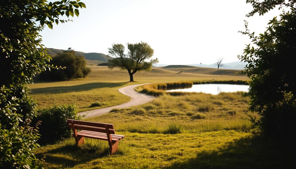 A serene, minimalist landscape bathed in soft, natural lighting. In the foreground, a simple wooden bench nestled among lush, verdant foliage, inviting contemplation. The middle ground features a winding path leading towards a tranquil pond, its surface reflecting the surrounding foliage and a clear, azure sky. In the distance, rolling hills and a few sparse, elegantly shaped trees create a sense of balance and harmony. The overall atmosphere is one of simplicity, peace, and a gentle invitation to slow down and appreciate the beauty in the uncomplicated.