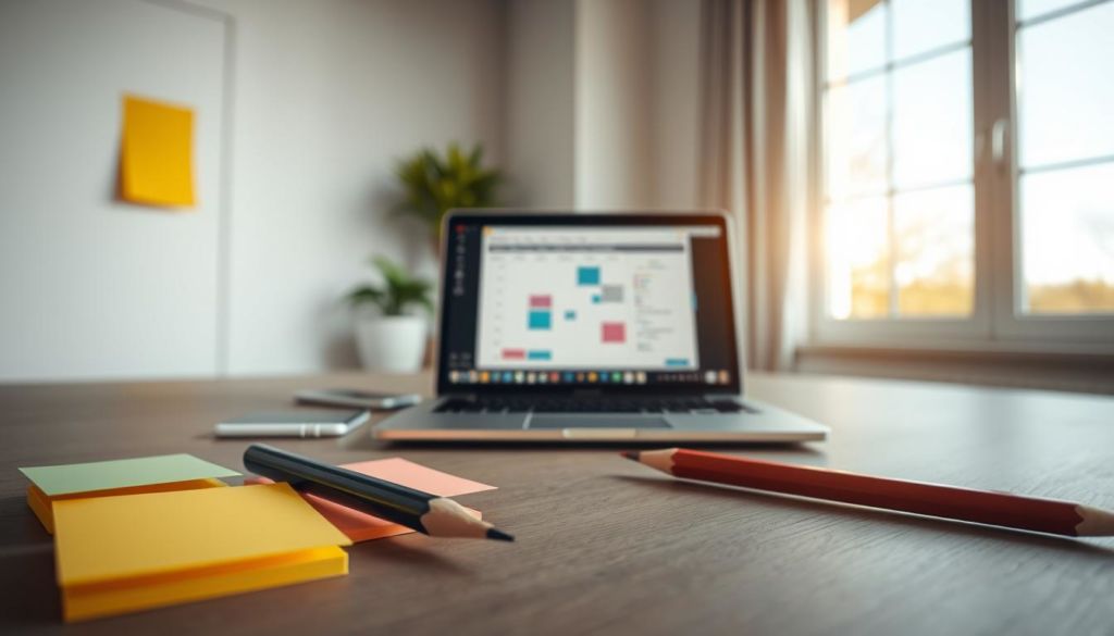 A serene, minimalist workspace with clean lines and thoughtful organization. In the foreground, an inspirational arrangement of colorful sticky notes and a well-sharpened pencil, symbolizing the flexibility and dynamism of the planning process. The middle ground features a sleek laptop, its screen displaying a calendar and to-do list, representing the efficient management of tasks. In the background, a large window floods the room with natural light, casting a warm, productive glow and emphasizing the importance of adaptability in planning. The overall mood is one of focused productivity, with a touch of creativity and intentionality.