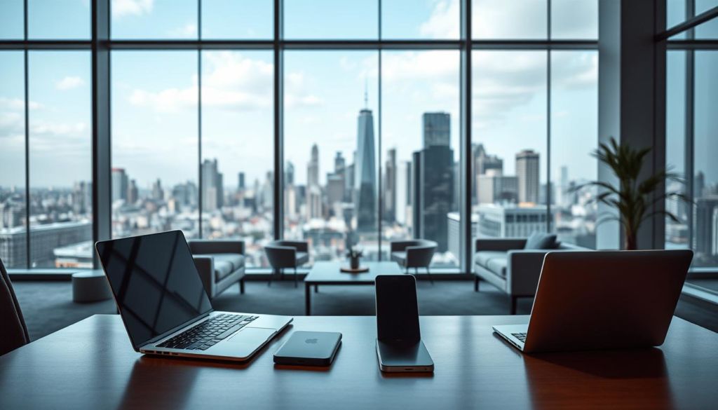 A serene, modern office space with a large window overlooking a vibrant city skyline. In the foreground, a user-centric desk arrangement with a sleek laptop, a tablet, and a smartphone, all seamlessly integrated. The middle ground features a stylish sitting area with comfortable chairs and a low coffee table, encouraging collaboration and interaction. Soft, diffused lighting bathes the scene, creating a warm, inviting atmosphere. The background showcases the cityscape, a symbol of the digital landscape and the user's connection to the broader technological world. The overall composition reflects the seamless harmony between the user, the devices, and the environment, capturing the essence of a positive user experience.