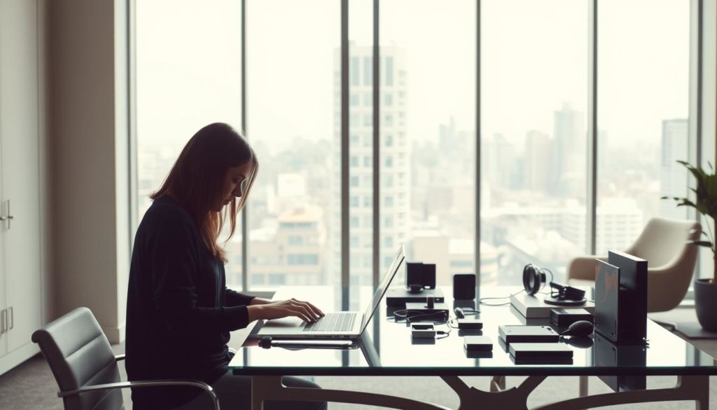 A serene, modern office space with sleek, minimal furniture and clean lines. The foreground features a user interacting with a laptop, their face obscured as they focus intently on the screen. Soft, diffused lighting creates a warm, inviting atmosphere, while the middle ground showcases various devices and gadgets arranged neatly on a glass-topped desk. The background reveals expansive windows overlooking a city skyline, the urban landscape serving as a subtle reminder of the digital world beyond. The overall composition conveys a sense of thoughtful, user-centric design - a harmonious blend of technology and human-centered experience.