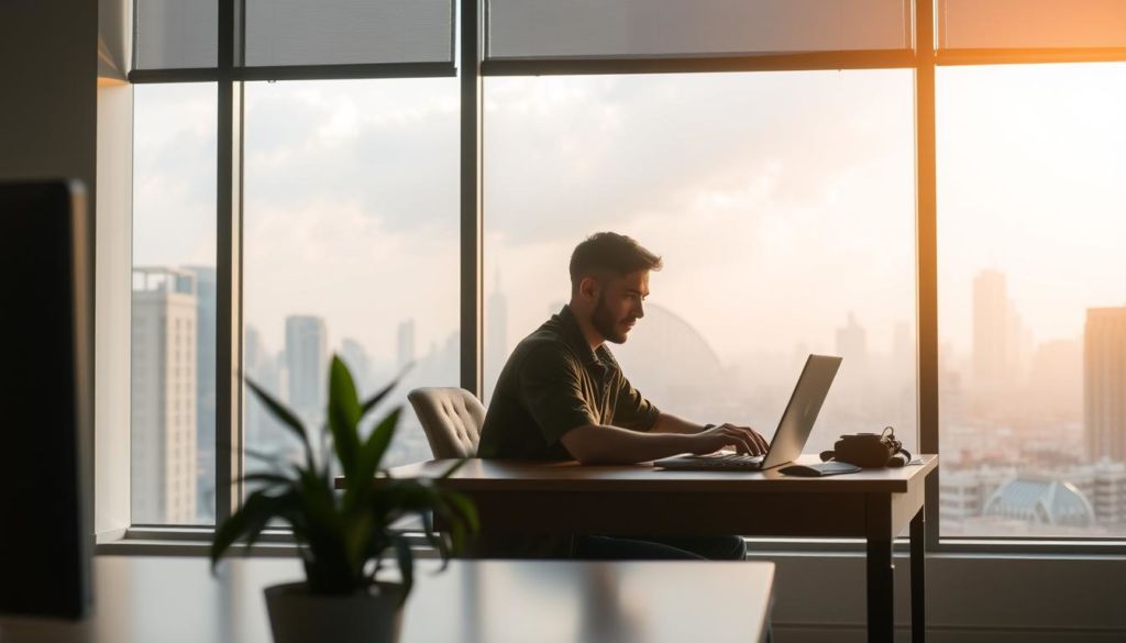 A serene office environment with a desk, chair, and potted plant in the foreground. In the middle ground, a person sits at the desk, working intently on a laptop, their face expressing focused determination. The background features a large window overlooking a city skyline, with rays of warm, diffused natural light streaming in, creating a sense of tranquility and resilience. The scene conveys the importance of cultivating mental fortitude and adaptability in the workplace, as the person remains steadfast in their task despite the bustling urban landscape beyond.