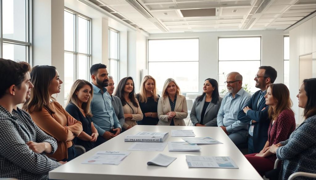 A serene office environment with natural lighting streaming through large windows. In the foreground, a group of diverse individuals - men and women, young and old, from different backgrounds - engaged in a thoughtful discussion, their expressions conveying a sense of empowerment and understanding. In the middle ground, a minimalist table displays informative materials about data rights, creating a sense of authority and professionalism. The background features clean, modern furnishings and subtle corporate branding, suggesting a progressive, technology-driven organization. The overall mood is one of collaborative learning, where the rights of data subjects are respected and championed.