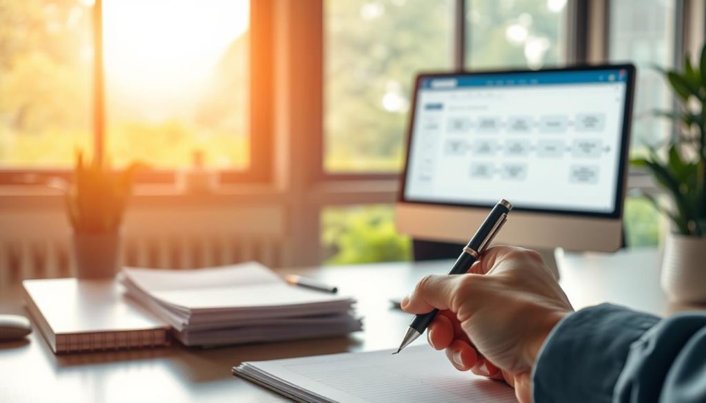 A serene office scene with a desk, computer, and a stack of papers symbolizing the process of follow-up automation. The desk is illuminated by warm, soft lighting, creating a cozy and productive atmosphere. The computer screen displays a workflow diagram, hinting at the optimization and efficiency of the follow-up process. In the foreground, a hand reaches for a pen, ready to take notes and stay on top of client interactions. The background features a window overlooking a lush, verdant landscape, representing the growth and success that can be achieved through effective follow-up strategies.