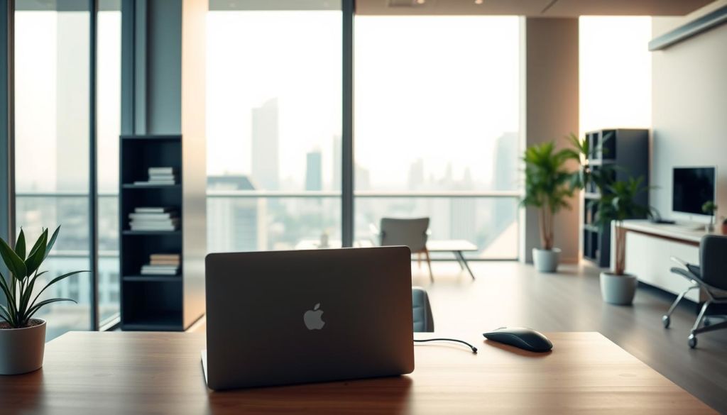 A serene office setting with a clean, minimalist aesthetic. In the foreground, a desk with a laptop, wireless mouse, and a potted plant sits against a large window overlooking a cityscape. The middle ground features a sleek bookshelf, while the background showcases a stylish, open-concept layout with warm, diffused lighting. The overall mood is one of professionalism and efficiency, conveying the best practices for website redirects.