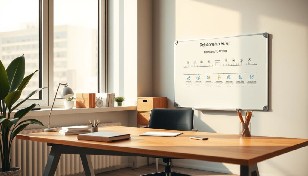 A serene office setting with a minimalist wooden desk, a neatly organized collection of office supplies, and a wall-mounted whiteboard displaying a visually appealing "Relationship Ruler" visual representation. Soft, diffused lighting from a large window casts a warm glow, creating a calm and professional atmosphere. The Relationship Ruler diagram showcases best practices for building effective client relationships, using clean lines, icons, and a color palette that complements the office decor. The overall composition conveys a sense of productivity, organization, and a commitment to fostering strong, meaningful connections.
