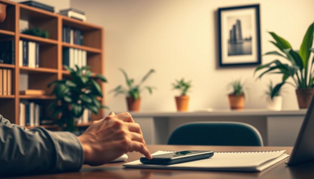A serene office setting with a person thoughtfully considering the ethics of buying social media followers. Soft, warm lighting casts a contemplative mood. In the foreground, a person's hands rest on a desk, a smartphone and notebook visible. The background features bookshelves, plants, and a wall-mounted framed artwork. The scene conveys a sense of balance, responsibility, and introspection regarding the topic of ethical social media practices.