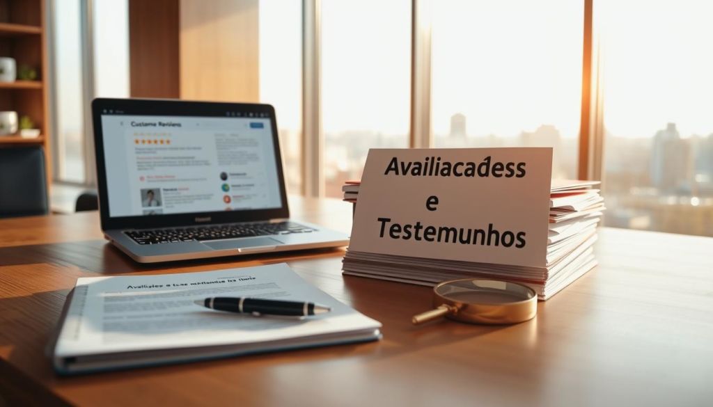 A serene office setting with a wooden desk, a laptop displaying customer reviews, and a stack of documents labeled "Avaliações e Testemunhos". The background features a large window overlooking a cityscape, bathed in warm, natural lighting. On the desk, a pen, a magnifying glass, and a notebook convey an atmosphere of careful consideration and analysis. The overall mood is one of professionalism, credibility, and attention to detail, reflecting the importance of reviews and testimonials in the world of online sales.